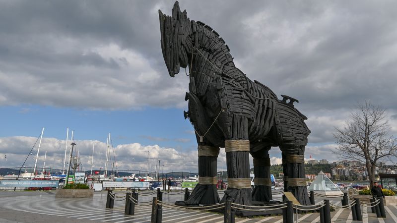 One boat, one horse and three men.
